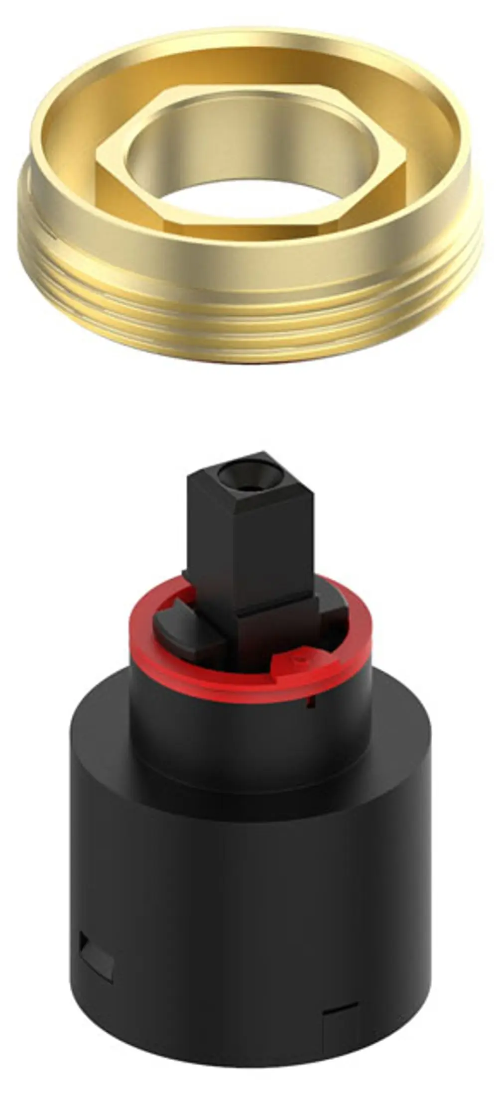 Zwei Teile einer Mischwasserkartusche von Keuco. Oben ein goldfarbener Dichtungsring, unten ein schwarzes Gehäuse mit rotem Element und quadratischem Anschluss.